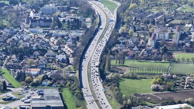 Aerial view of highway and buildings France.