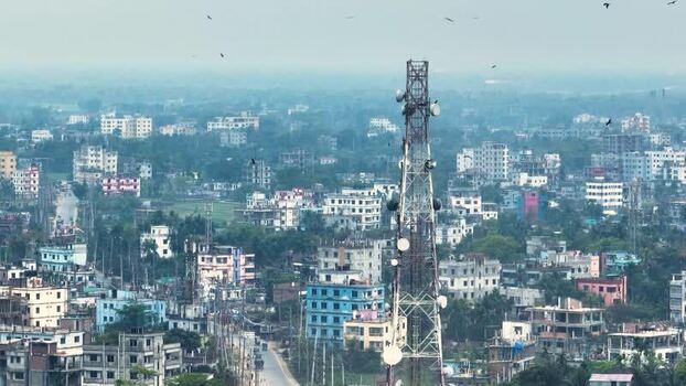 Aerial view of a telecom tower and skyline in Rajshahi Bangladesh.