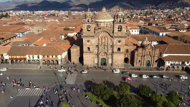 Aerial view of Church of the Society of Jesus in Cusco Peru.
