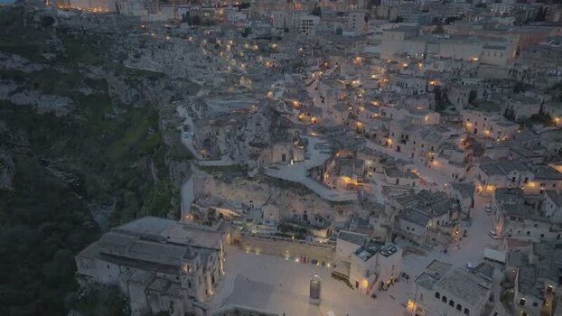 Aerial view of Sassi di Matera at dusk Italy.