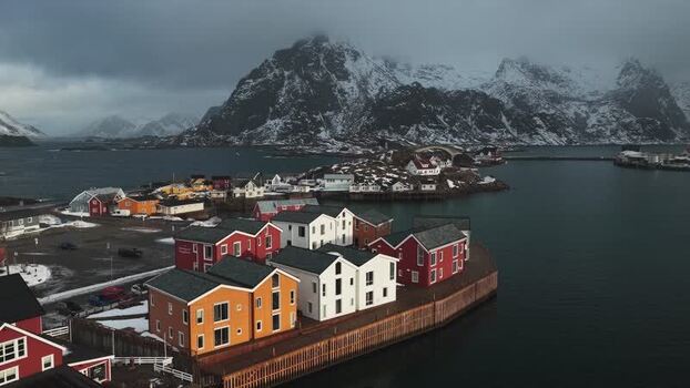 Aerial view of Henningsv&aelig;r Bryggehotell Norway.