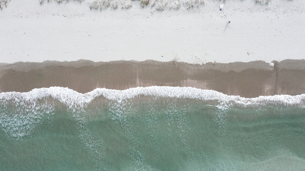 Aerial view of the white sand beach and turquoise waves of the Pacific Ocean Omaha Auckland New Zealand.