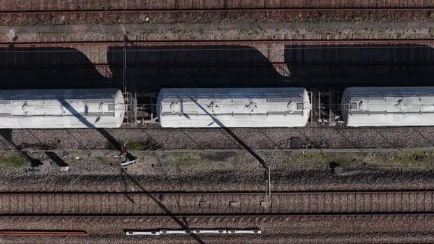 Aerial view of train wagons on rails Portugal.
