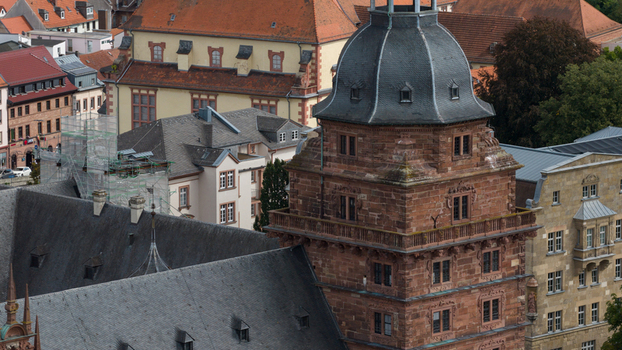 Aerial view of the historic Schloss Johannisburg with its distinctive red sandstone tower and slate roof surrounded by urban buildings in Aschaffenburg Bayern Germany.