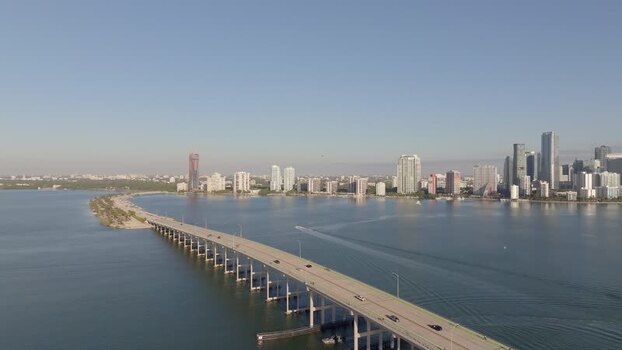 Aerial view of Miami skyline and Rickenbacker Causeway Florida United States.
