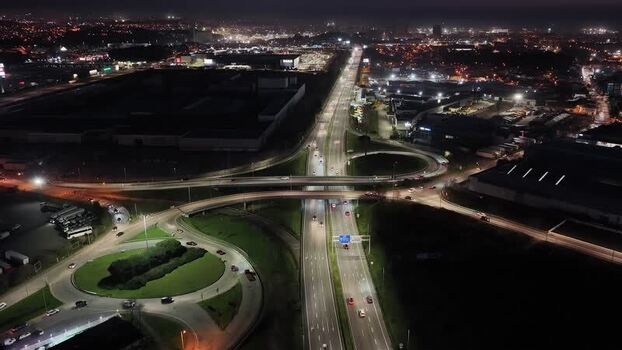 Aerial view of highway interchange at night Portugal.
