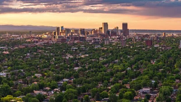 Aerial view of Denver skyline at sunset United States.