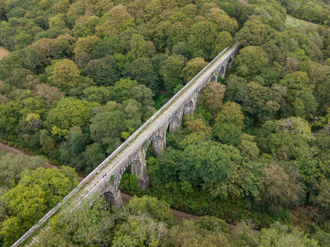 Aerial view of the historic Treffry Viaduct surrounded by dense green woodland in the Luxulyan Valley Luxulyan Cornwall United Kingdom.