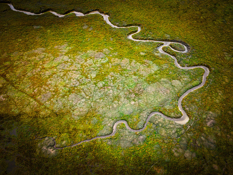 Aerial view of the Havre de Geffosses featuring a winding tidal stream cutting through lush green marshland in Geffosses Normandy France.