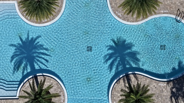 Aerial view of the swimming pool at Windward Ranch Boulevard with palm trees casting long shadows on the turquoise water and surrounding stone patio in St. Johns County Florida United States. Aerial view of the swimming pool at Windward Ranch Boulevard with palm trees casting long shadows on the turquoise water and surrounding stone patio in St. Johns County Florida United States.