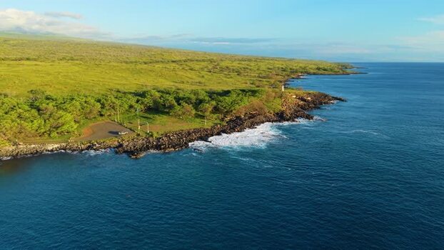 Aerial view of Mahukona Beach Park and the rocky coastline United States.