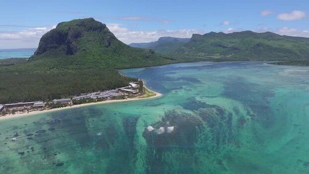 Aerial view of Le Morne Brabant and turquoise lagoon Mauritius.