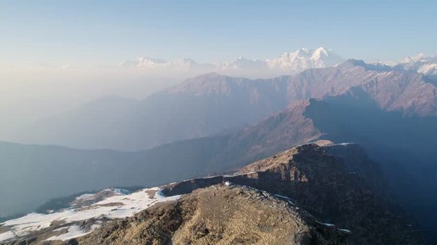 Aerial view of Shri Tungnath Temple and Himalayan peaks India.