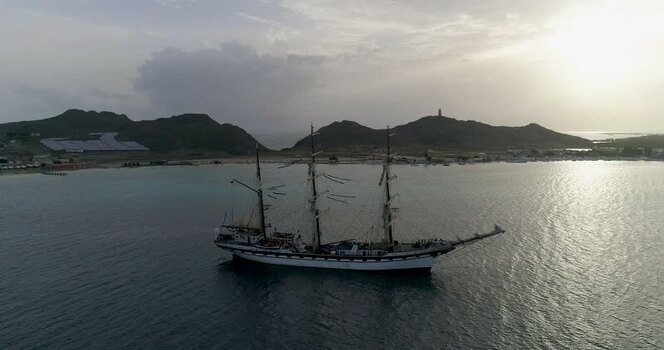 Aerial view of tall ship in Los Roques Venezuela.