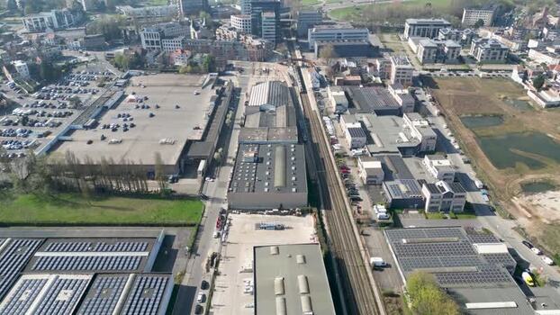 Aerial view of buildings and railway Belgium. Aerial view of buildings and railway Belgium.