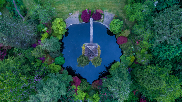 Aerial view of a serene circular pond with a central pavilion and a long wooden bridge surrounded by lush green trees and colorful maples in Portland Oregon United States. Aerial view of a serene circular pond with a central pavilion and a long wooden bridge surrounded by lush green trees and colorful maples in Portland Oregon United States.
