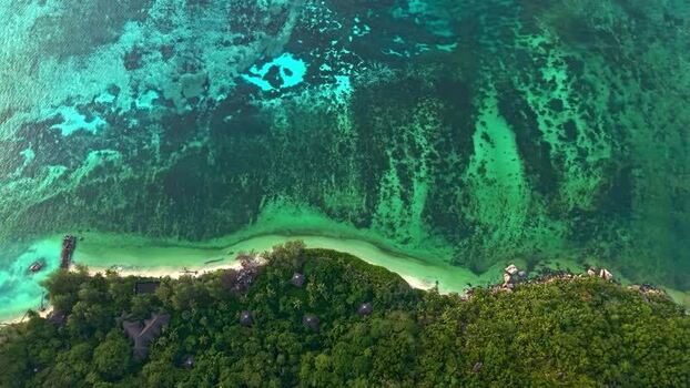 Aerial view of the coast near Praslin Ferry Harbour Seychelles.