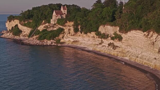 Aerial view of Hojerup Church on Stevns Klint Denmark.