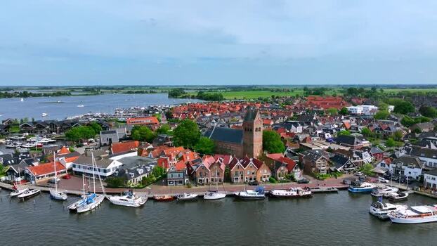 Aerial view of the historic town of Grou and its marina Netherlands.