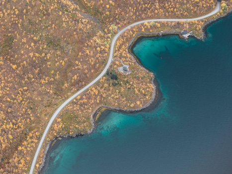Aerial view of the winding coastal road through autumn colored birch forests along the turquoise waters of Senja Troms Norway.