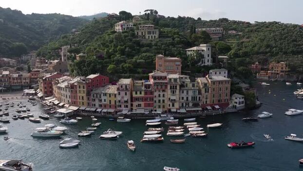 Aerial view of Portofino harbor with boats in Italy. Aerial view of Portofino harbor with boats in Italy.