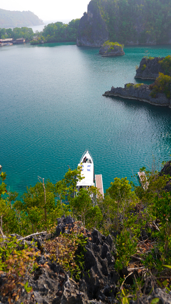 View of Piaynemo karst islands surrounded by turquoise waters and lush vegetation with a white boat docked at a wooden pier in Raja Ampat Papua Barat Indonesia. View of Piaynemo karst islands surrounded by turquoise waters and lush vegetation with a white boat docked at a wooden pier in Raja Ampat Papua Barat Indonesia.
