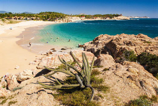 View of Chileno Bay Public Beach with turquoise water sandy shore and rocky foreground with cactus Cabo San Lucas Baja California Sur Mexico. View of Chileno Bay Public Beach with turquoise water sandy shore and rocky foreground with cactus Cabo San Lucas Baja California Sur Mexico.
