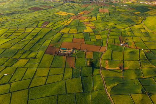 Aerial view of the patchwork of green agricultural fields and stone walls near Pico Dona Joana under golden hour light in Feteira Acores Portugal. Aerial view of the patchwork of green agricultural fields and stone walls near Pico Dona Joana under golden hour light in Feteira Acores Portugal.