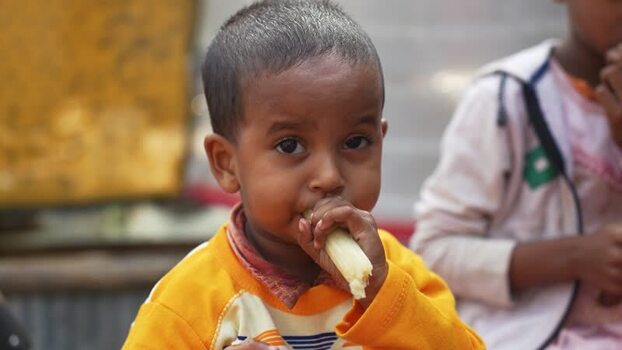 View of a young boy eating sugarcane in Bogura Bangladesh.