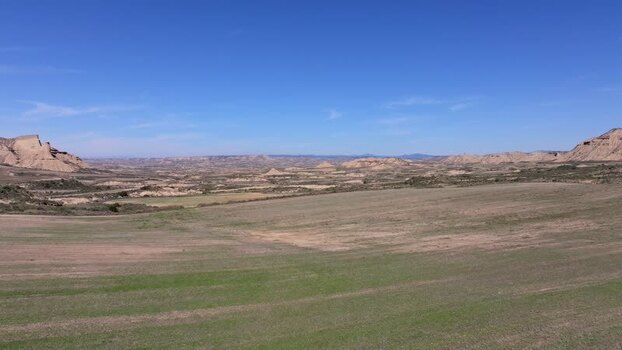 Aerial view of Bardenas Reales desert landscape in Spain.