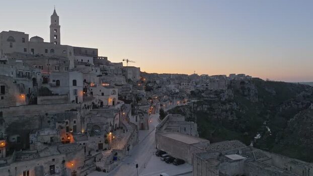 Aerial view of Sassi di Matera at sunset in Italy.