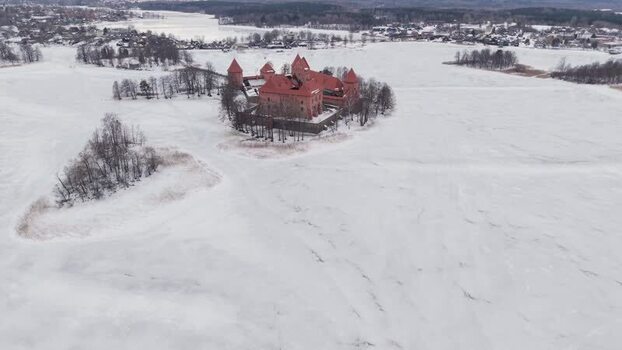 Aerial view of Trakai Island Castle Lithuania.
