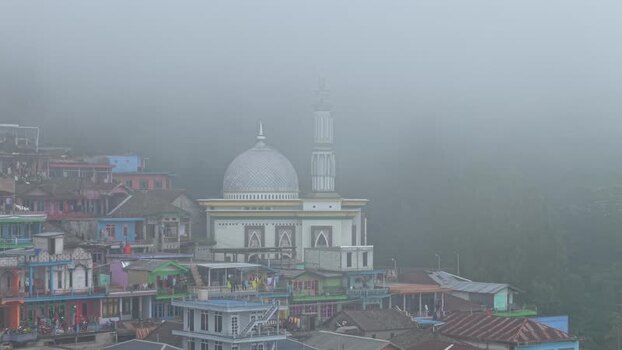 Aerial view of Nepal Van Java mosque in the mist Indonesia.
