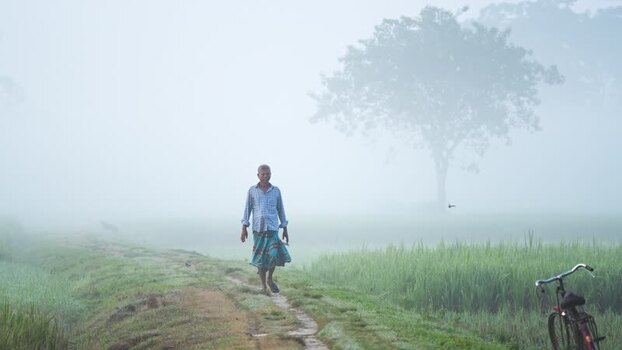 View of a man walking through foggy green fields in Bogura Bangladesh.