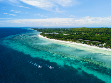 Aerial view of Dumaluan Beach with turquoise waters white sand and lush vegetation featuring traditional outrigger boats in the sea in Panglao Central Visayas Philippines.