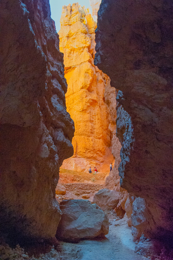 View of hikers walking along the narrow trail between towering orange hoodoos and rocky walls in Bryce Canyon National Park Utah United States.