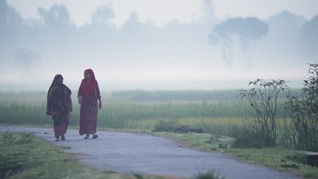 View of two women walking on a misty rural road Bangladesh. View of two women walking on a misty rural road Bangladesh.