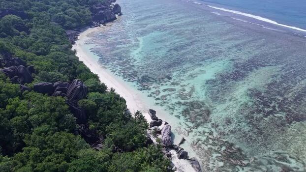 Aerial view of Anse Reunion beach in La Digue Seychelles.