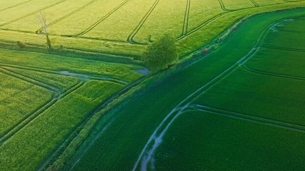 Aerial view of green agricultural fields in Oldtown Ireland.