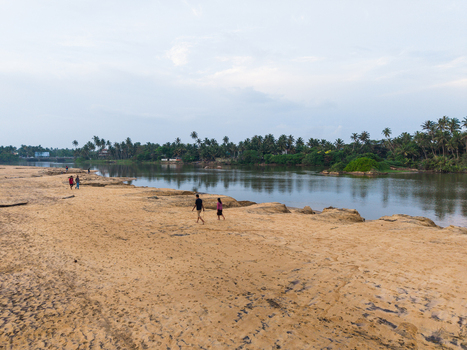 Aerial view of people walking on a sandy riverbank lined with lush palm trees under a soft overcast sky in Galle Southern Province Sri Lanka. Aerial view of people walking on a sandy riverbank lined with lush palm trees under a soft overcast sky in Galle Southern Province Sri Lanka.