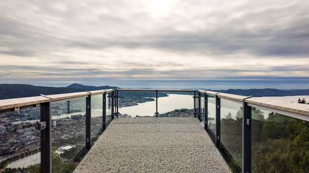 View of the Floyen viewpoint overlooking the city and fjords from the observation deck Bergen Vestland Norway.