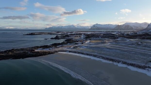 Aerial view of Lofoten coastal landscape Norway.