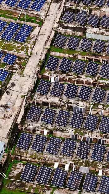 Aerial view of solar panel farm in Bali Indonesia.
