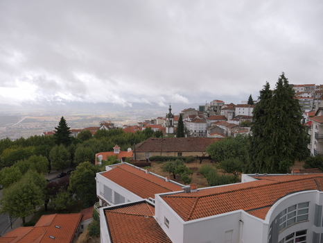 View of the hillside city with its characteristic terracotta tiled rooftops a church tower and lush green trees under a cloudy sky in Covilha Castelo Branco District Portugal.