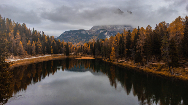 Aerial view of Lake Antorno surrounded by golden autumnal larch forests and calm reflective waters under a cloudy sky in Auronzo di Cadore Veneto Italy. Aerial view of Lake Antorno surrounded by golden autumnal larch forests and calm reflective waters under a cloudy sky in Auronzo di Cadore Veneto Italy.