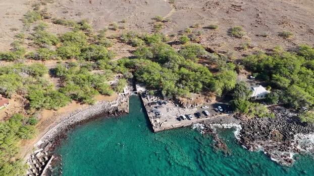 Aerial view of Mahukona Beach Park and the rocky coastline United States.