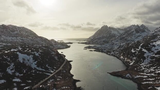 Aerial view of mountains and waterway Norway.