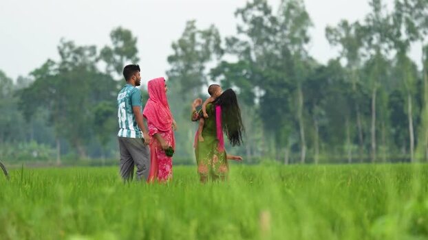 View of a family standing in a green rice field Bangladesh. View of a family standing in a green rice field Bangladesh.