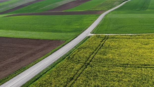 Aerial view of fields and road France.