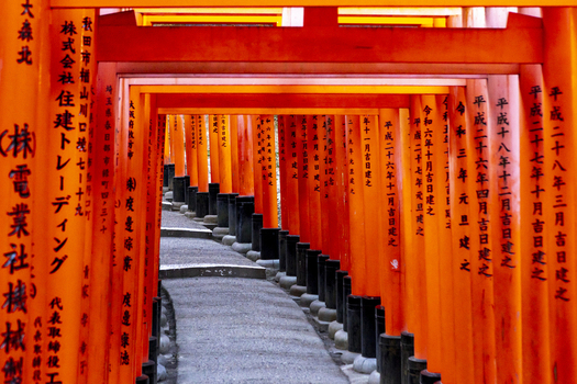 View of the Senbon Torii gates with vibrant vermilion pillars and black bases lining a stone path at Fushimi Inari taisha shrine in Kyoto Kyoto Japan.